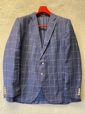Lands End Sport Coat Blazer Jacket Men’s Sz 50L Navy Check Plaid Linen /157-3 - Image 1 of 4