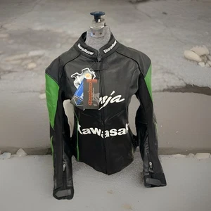Kawasaki Ninja Leather Racing Jacket M Black/green/white CE Armor SharpRacer NWT - Picture 1 of 11