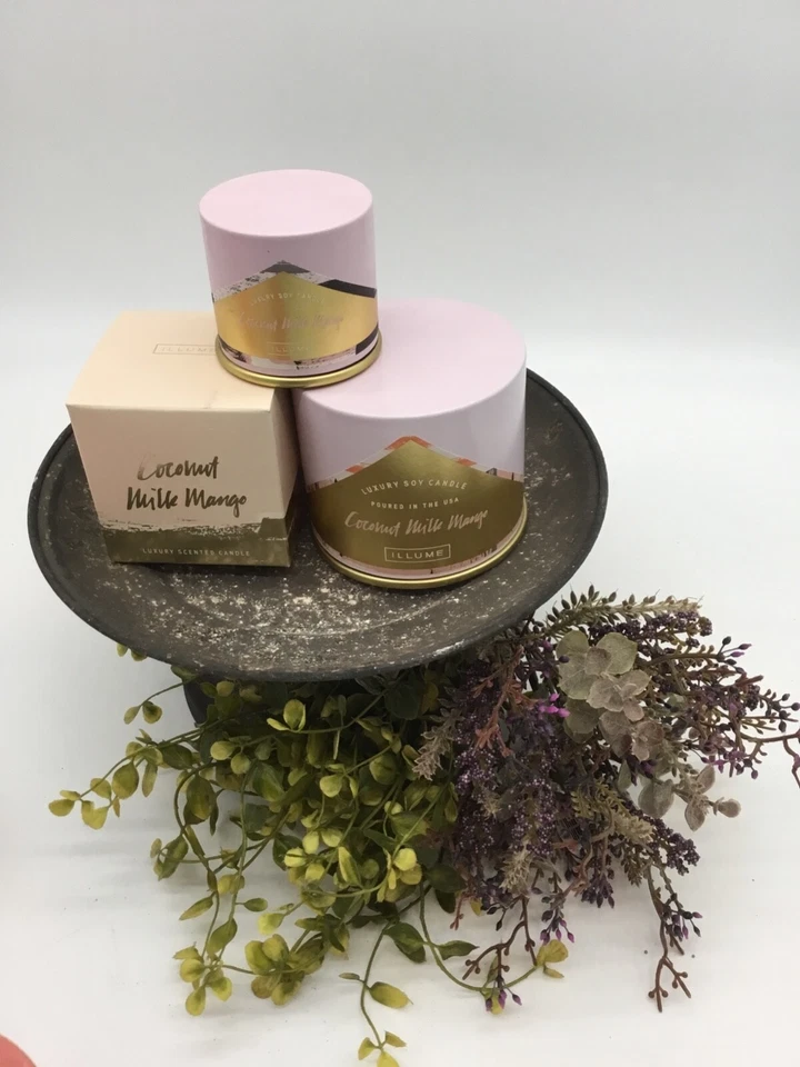 Illume Demi Vanity Tin Candle Coconut Milk Mango 3 Oz W/ Samples