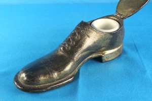 Antikes französisches Tintenfass aus Metall mit Keramikeinsatz  - Bild 1 von 12
