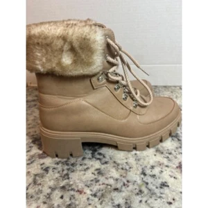 Qupid Women's Tan Faux Fur Trim Combat Ankle Heel Boots Booties Size 7 - Picture 1 of 8