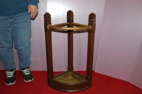 Antique Victorian c.1900 Solid Oak Umbrella Cane Corner Stand Holder W/Drip Tray Cover