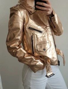ZARA PIG LEATHER BIKER JACKET COAT XS 34 USA2 UK6 ROSE GOLD METALLIC ZIP BELTED - Picture 1 of 18