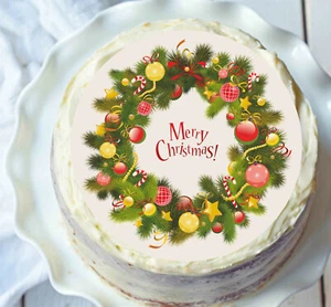 Christmas Cake Topper 8 Inch (20cm) Merry Xmas Wreath Decoration - Icing / Wafer - Picture 1 of 1