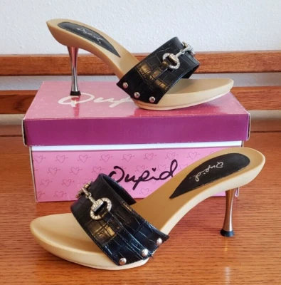 Womens Black High Heel Cupid Slip On Sandals Pumps Bling rivets so cute NIB 7.5 - Image 1 of 4