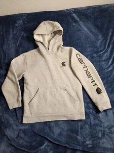 Carhartt Spellout Hoodie Sweatshirt Boys Large Gray Black Lined Western Cowboy - Picture 1 of 9