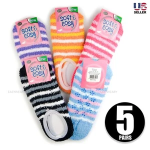 Lot 5 Pairs Womens Fuzzy Slipper Socks Non Skid Grips Low Cut Soft Bed Liner - Picture 1 of 5