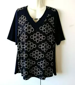 NEW WOMEN'S Elie McCarthy NAVY BLUE GEOMETRIC PRINT SHORT SLEEVE V-NECK TOP XL - Picture 1 of 4