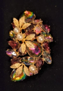 Vintage Large 2.75in Unsigned BROOCH AB Rhinestone Faux Pearls - Beautiful Color - Picture 1 of 6