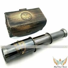 Handmade Solid Brass Handheld Telescope Pirate Spyglass with Black Leather Cover