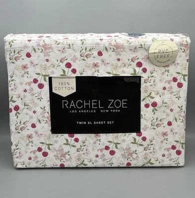 Rachel Zoe Twin XL Sheet Set Cotton Pink Green Floral Cherry Print on White - Image 1 of 4
