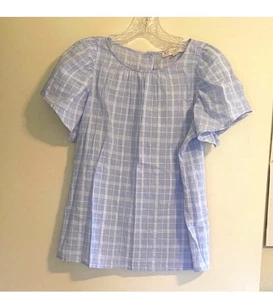 ANN TAYLOR LOFT Windowpane Plaid Button Back Blouse White Blue Size S Cotton - Picture 1 of 9