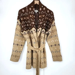 Lucky Brand Womens Shawl Cardigan Size L Brown Tan Belt Southwest Aztec Western - Picture 1 of 6