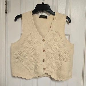 Kuyacc 100% Schafwolle Weste Damen M Cremeweiß Handgestrickt Blumen... - Bild 1 von 6