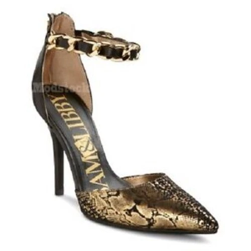 Zapatos de salón Sam & Libby negros/dorados con estampado de serpiente cadena al tobillo tacón de aguja para mujer talla 8 Foto 1 de 4