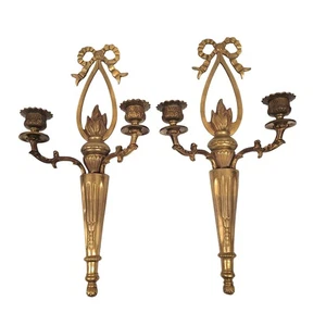 Wandleuchter Paar französische Messing Flamme und Schleife Kerze Neoklassik Anfang Jahrhundert - Bild 1 von 10