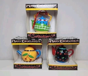 Vtg 90's Mary Engelbreit Mini Teapot Ornaments Cherries Lot of 3 in Box NOS - Picture 1 of 11