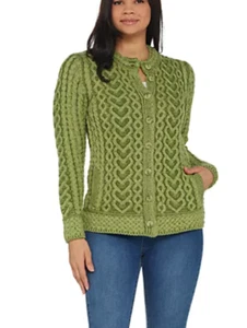 Aran Crafts - Cardigan maglione con bottoni cuori e baci davanti - Verde - Foto 1 di 3