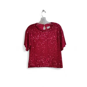 Top donna Saylor rosa paillettes manica corta piccolo elegante evento matrimonio festa - Foto 1 di 6
