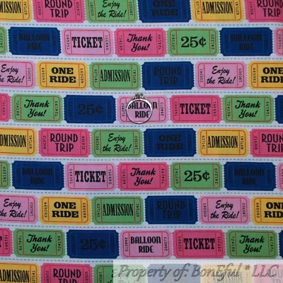 BonEful FABRIC FQ Cotton Quilt White Pink Orange Retro Stripe CIRCUS TICKET Girl - Image 1 of 4