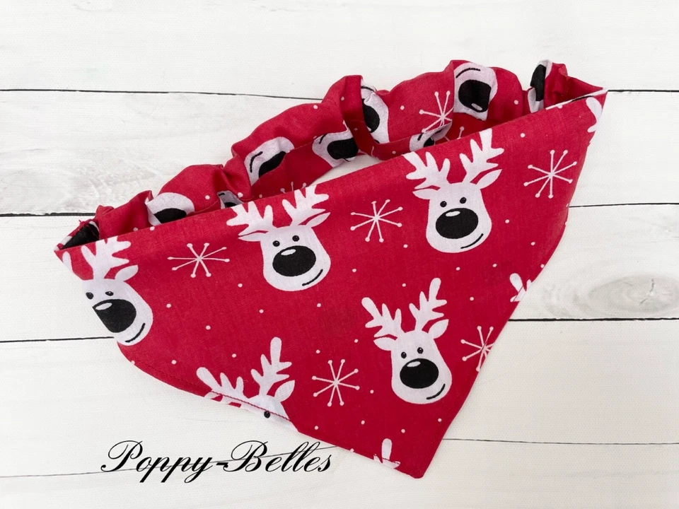 Handmade red reindeer Christmas scrunchie style dog bandana
