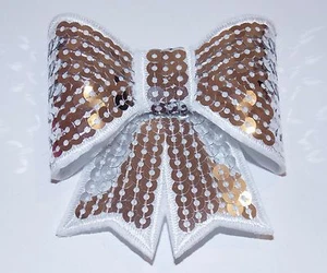 Silver 3D sequin bow hotfix iron on Motif patch Lace xmas costume Applique - Picture 1 of 1