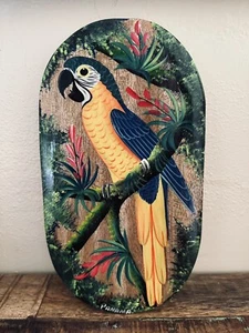 Handpainted Vintage Tropical Wood Wall Decor Parrot Yellow Blue Floral Glossy - Picture 1 of 6