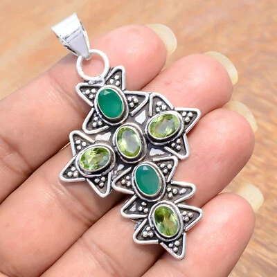 Faceted Peridot & Green Onyx Gemstone New Art Pendant 925 Sterling Silver Cross - Image 1 of 4