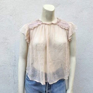 FLANNEL Women Australia Silk Blouse Boho Flutter Sleeve Crew Neck Cream Size XS - Picture 1 of 8