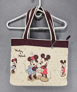 Disney Bradford Exchange Mickey &Minnie Quilted Tote w/charm, cream & burgundy - Picture 1 of 6
