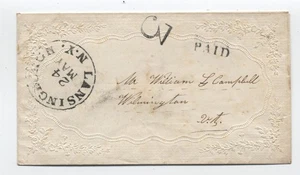 1850s Lansingburgh NY black CDS stampless ladies' cover paid and 3 rate [k.374] - Bild 1 von 3