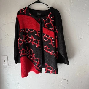 Chico's Travlers Collection 4 XL Red Black Crinkle 3/4 Sleeve Pop Over Sweater - Picture 1 of 9