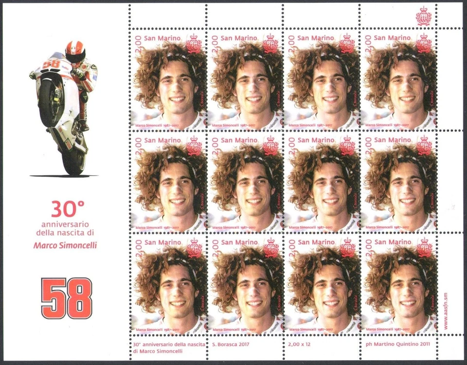 2017 San Marino, Marco Simoncelli, 30. Birthday Anniversary, 12v MNH Mini Sheet* Foto 1 de 1