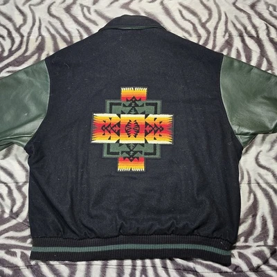 Pendleton wool leather varsity jacket chief Joseph chain stitch patch XL green - Image 1 of 4