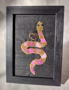 Original Beaded Embroidery Pink & Gold Snake w/Heart 5" X 7" Framed Art On Silk - Picture 1 of 2