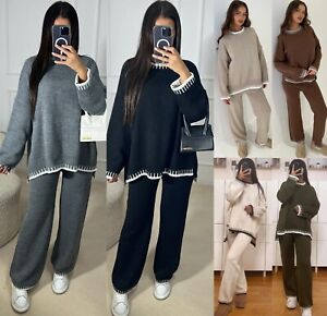 Womens Stitched Knitted Jumper Top Wide Leg Trousers 2PCS Co ord Loungewear Set