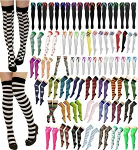Ladies Plain Printed Over the Knee Socks Womens Party Wear Checked Bow OTK Socks - Picture 1 of 49