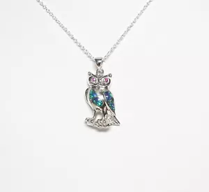 925 Sterling Silver Created Opal Owl Pendant w/18" SS Cable Link Chain - Picture 1 of 7