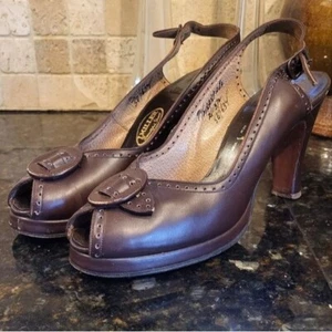 Woman's Antique 1940s I. Miller NYC Brown Leather Sling Back Peep Toe Size 7.5A - Picture 1 of 14