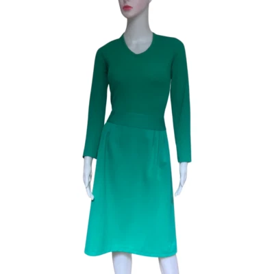Vintage 60s Hand Made Teal Green Knit Dress XS V-Neck Long Sleeves Knee Length - Image 1 of 4