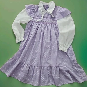 Vtg 70s Polly Flinders Hand Smocked Floral Bib Dress Lavender Girl Sz 6 Prairie - Picture 1 of 12