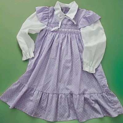 Vestido Babero Floral Calado a Mano Polly Flinders Años 70 De Colección Niña Lavanda Talla 6 Pradera Foto 1 de 4