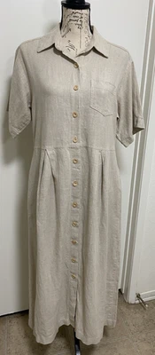 Carol Anderson Dress Womens Size 10 Beige Linen Button Up Midi Collar Pocket USA - Image 1 of 4