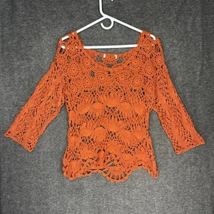 Crochet Blouse Knit Top Womens M Rust Orange 3/4 Sleeve Boho Hippie Beach Retro - Picture 1 of 15