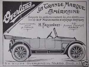 WERBUNG 1919 AUTO OVERLAND AMERIKANISCHE MARKE H.FALCONNET  - Bild 1 von 1