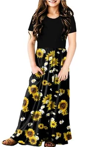 Girl Long Maxi Dress Sunflower Casual Cotton Short Sleeve Floor Length Dresse... - Picture 1 of 7