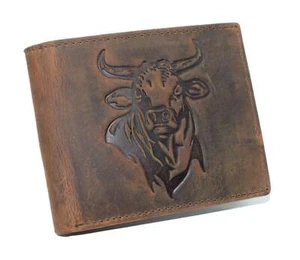 Hunter Brown RFID Blocking Leather Bifold Wallet Flip Up Patriotic Rodeo Bull - Picture 1 of 6