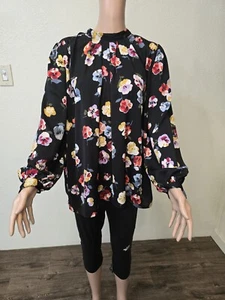 ANN TAYLOR BLOOMING PANSY gesmokte Schultern Plissee vorne Bluse edel Large - Bild 1 von 9