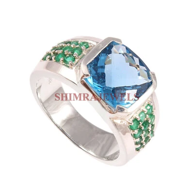 Natural Blue Topaz & Emerald Gemstone with 925 Sterling Silver Ring for Men's 82 - Image 1 of 4