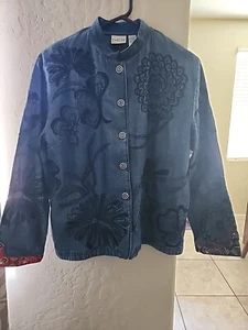 Vintage Chicos Designs Asian Art Embroidered Denim Jacket Size 1 (US 8) - Picture 1 of 6